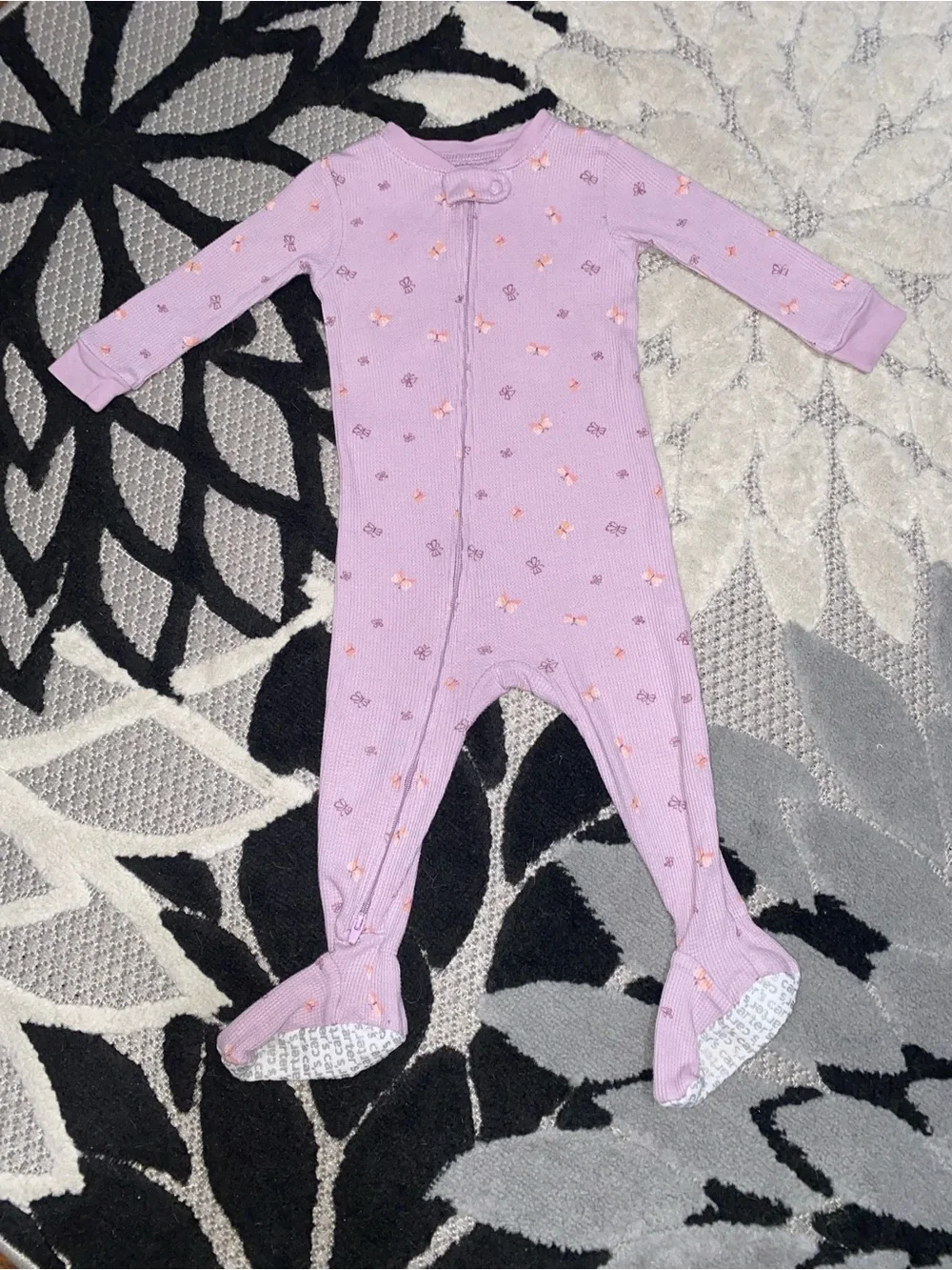 Carter's Lavender Footed Thermal Pajama Pink Butterflies 12 Months 2 Way Zipper